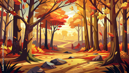 Forest landscape vector with fallen leaves covering ground, late autumn mood