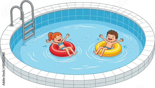Happy kids swimming in outdoor pool with inflatable rings summer vacation illustration isolated on white background