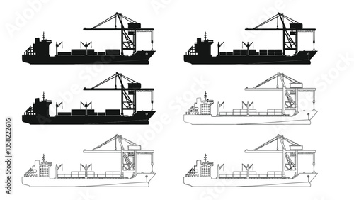 Silhouettes of cargo ships and port cranes in a monochrome design