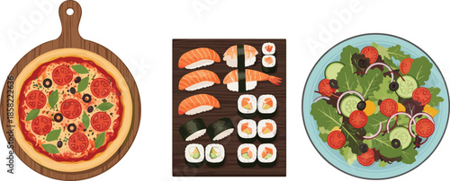 Italian pizza, Japanese sushi set, and fresh vegetable salad plate illustration isolated food vector collection