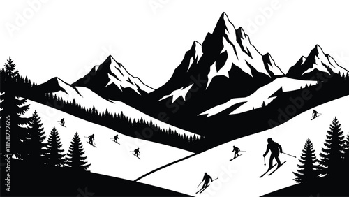 A winter landscape with skiers descending snowy slopes beneath majestic mountains