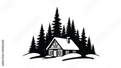 A cozy cabin nestled among tall pine trees in a black and white illustration