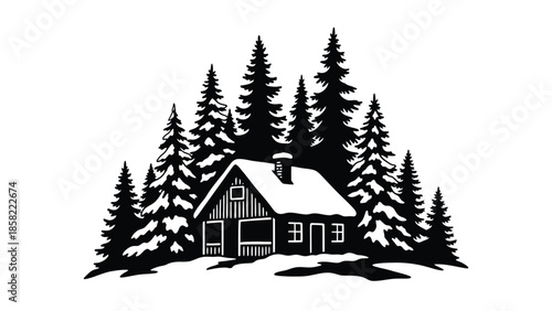 A cozy cabin nestled within a dense forest of evergreen trees