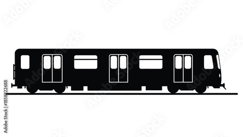 A simple black and white illustration of a passenger train on tracks