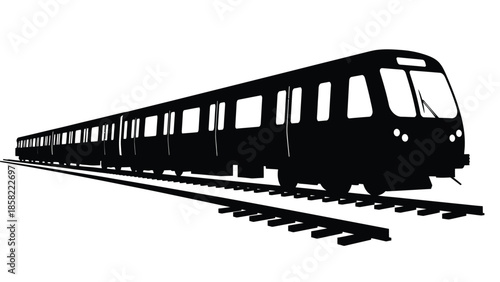 A sleek black silhouette of a modern passenger train on the railway tracks
