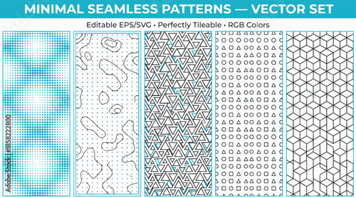 A collection of five distinct minimal seamless vector patterns, including gradient, organic, triangular, geometric shapes, and isometric cube designs, suitable for various graphic applications.
