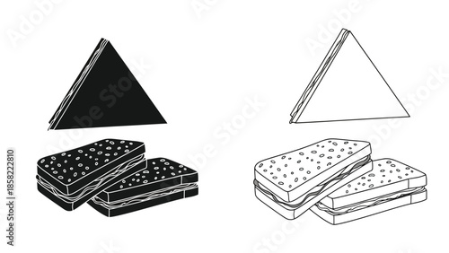 Black and white illustration displaying triangles and stacked sandwich variations