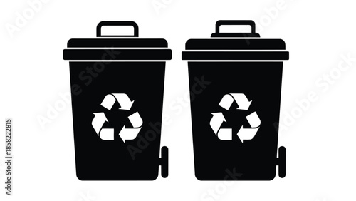 Two black trash cans with recycling symbols displayed prominently on each