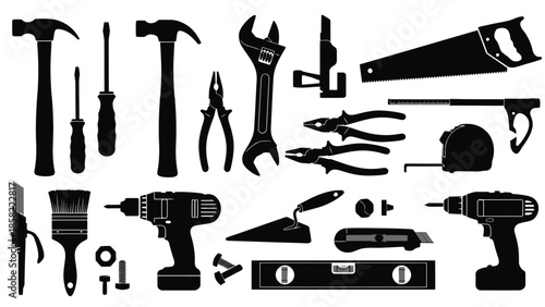 Collection of various black silhouette hand tools for repair and construction