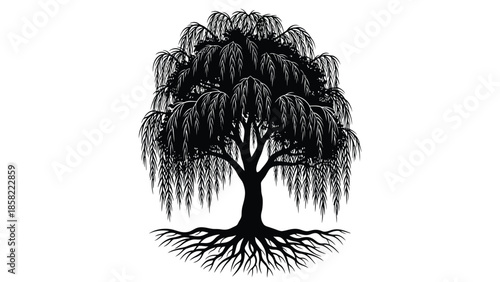 Detailed illustration of a weeping willow tree with intricate branches and roots