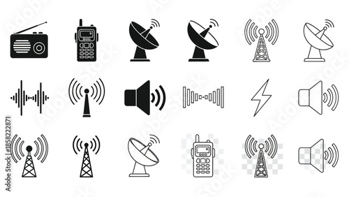 Collection of various communication and signal transmission icons in black and white