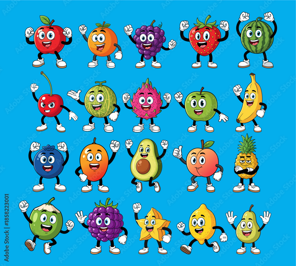 Obraz premium MEGA PACKS of Fun cartoon characters of different fruits on a bright blue background with smiling faces and lively poses. Cute, funny, food, packs