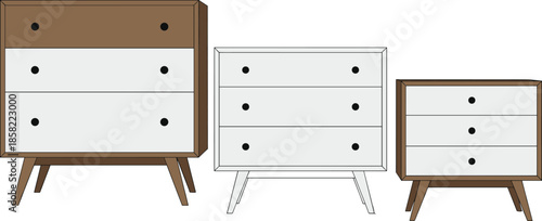Modern wooden chest of drawers set vector illustration with minimalist design isolated on white background for interior use
