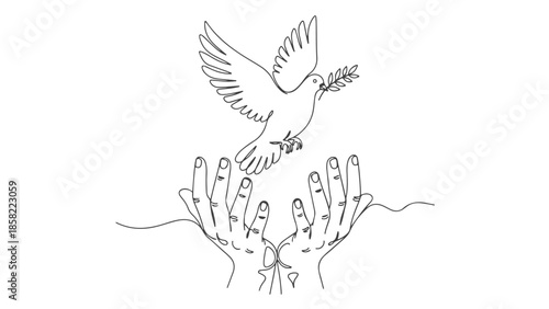 Continuous one line art vector illustration of hands releasing a dove with an olive branch in flight