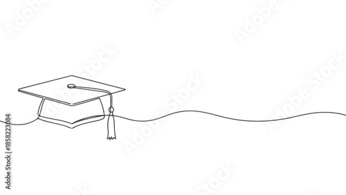Continuous one line art vector illustration of a graduation cap with tassel and diploma, symbolizing achievement and education in a simple yet elegant design