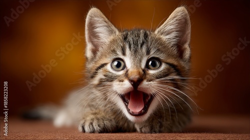 Wallpaper Mural Close-up of a small, striped kitten, lying down with its mouth open, displaying a happy expression against a warm brown background Torontodigital.ca