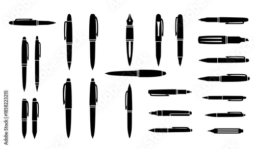 Pen silhouette vector icon set with different writing tools isolated on white background