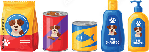 Pet food and pet shampoo packaging set with dog illustrations, colorful pet care product vector collection