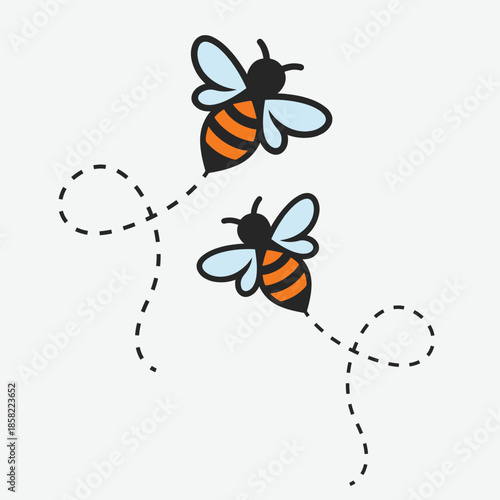  two cartoon bees flying in tandem on a dotted line on white background