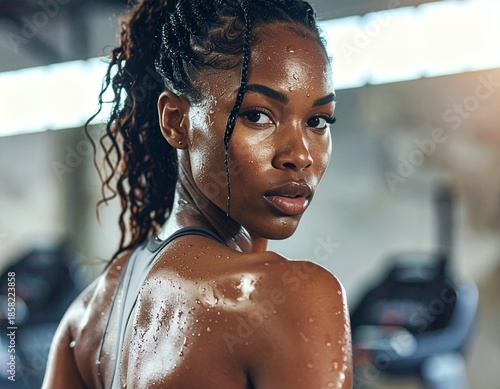 Focused young Black woman with braided hair, glistening with sweat after an intense workout, looking over her shoulder in a gym.