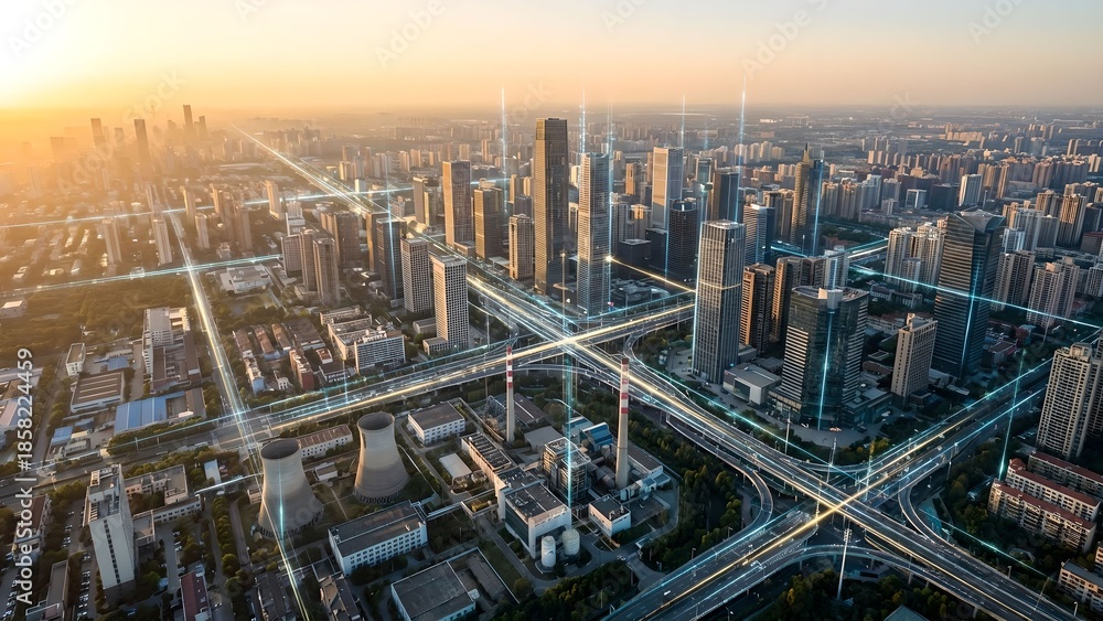 Naklejka premium Smart city electrical grid connection with data overlay