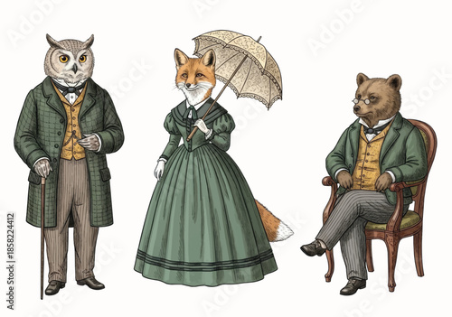 Vintage animal characters dressed as Victorian gentlemen, engraving illustration of people with animal head