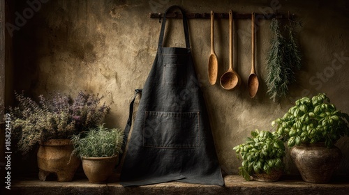 Rustic kitchen scene with apron, wooden utensils, herbs, and warm lighting