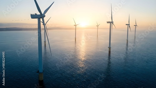 Majestic wind turbines in the ocean at sunrise