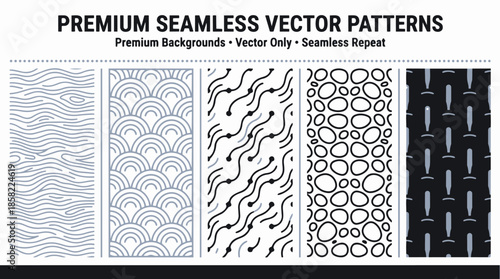 A collection of five premium seamless vector patterns featuring various abstract and geometric designs for backgrounds and graphic resources.