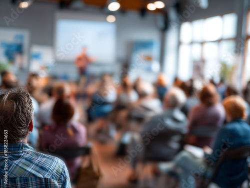 Wallpaper Mural People Attending Workshop in Bright Modern Office Space with Focus on Attendee in Plaid Shirt Torontodigital.ca