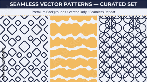 A curated set of three distinct seamless vector patterns featuring geometric shapes, organic waves, and interlocking circles, ideal for premium backgrounds.