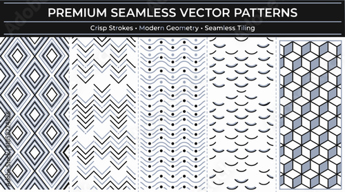 Premium seamless vector patterns featuring crisp strokes, modern geometric designs, and seamless tiling, including diamonds, zigzags, waves, crescents, and isometric cubes.