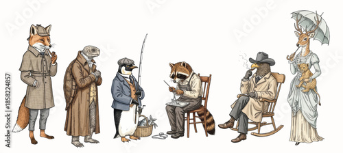 Vintage animal characters dressed as Victorian gentlemen, engraving illustration of people with animal head