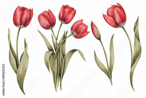 Classic red tulip botanical set painted in soft watercolor style.