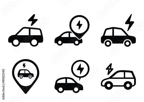 Electric vehicle charging station icons, electric car icons with lightning bolt