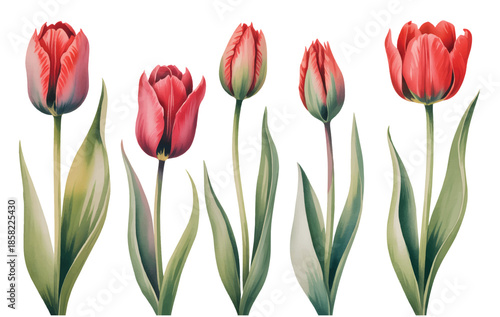 Classic red tulip botanical set painted in soft watercolor style.