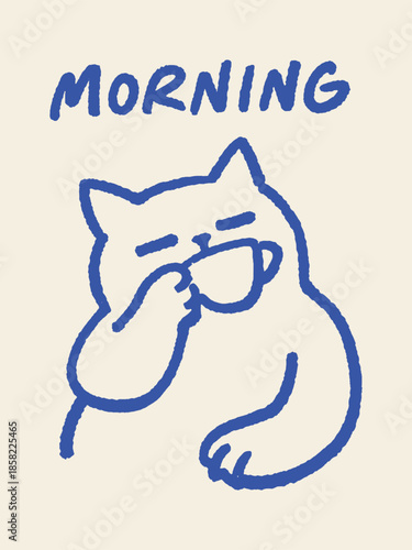 Cat drinking coffee morning doodle vector illustration