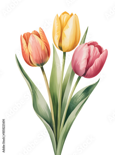 Wallpaper Mural Spring red tulip blossoms with graceful foliage in watercolor.
 Torontodigital.ca