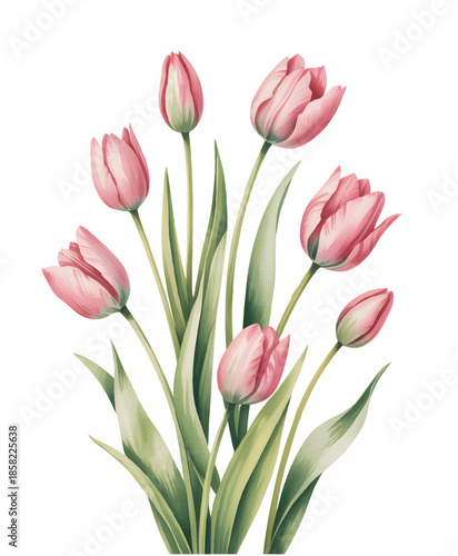 Blooming red tulips with long stems in natural watercolor painting.