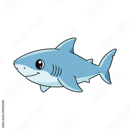 Smiling cartoon blue shark swimming.