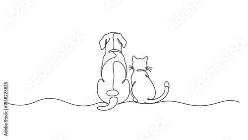Continuous line art vector illustration of a dog and cat sitting together in one line art