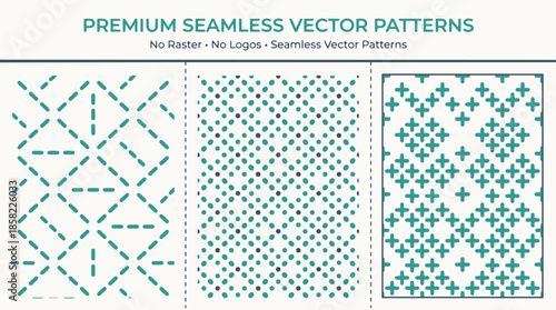 Premium seamless vector patterns featuring geometric designs with dashed lines, small squares, and cross shapes in teal on a light background.
