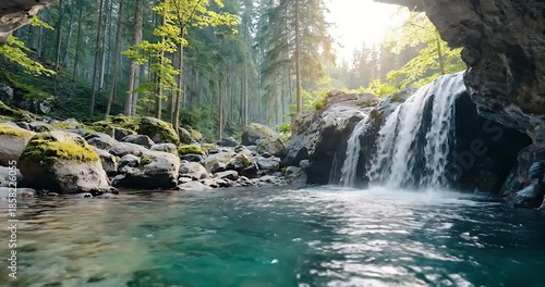Serene Forest Waterfall Cave Entrance Video Clip: Crystal Clear Water Flows Over Mossy Rocks into a Tranquil Pool with Lush Green Trees and Sunlit Forest Beyond, Capturing the Untamed Beauty of Nature