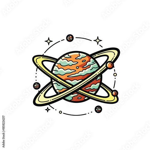 Saturn Planet with Yellow Rings Orbiting.