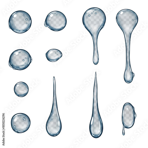 Collection of clear liquid droplets and strings isolated on transparent background