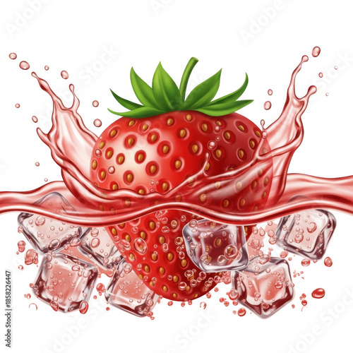 Juicy strawberry splash with ice cubes isolated on transparent background