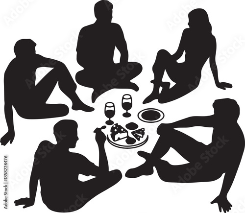 Silhouette of Cheese Lover's a picnic scene where friends surround a central cheese board, flat vector style suitable for lifestyle stock usage