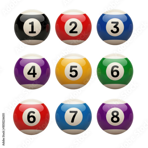 Nine pool balls numbered one through nine isolated on transparent background