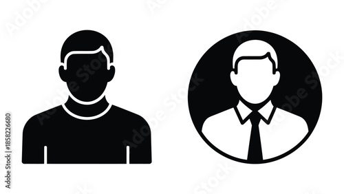  User profile avatar icons set with male person silhouette and business man portrait in black and white flat design for account and app use