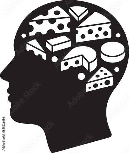 Silhouette of cheese lover's head profile filled with iconic cheese shapes instead of a brain, clean vector silhouette, editorial design